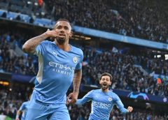Manchester City's Brazilian striker Gabriel Jesus celebrates after scoring his team second goal during the UEFA Champions League semi-final first leg football match between Manchester City and Real Madrid, at the Etihad Stadium, in Manchester.
