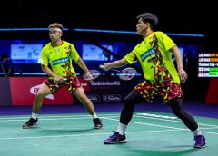 Goh Sze Fei-Nur Izzuddin Rumsani in action against England’s Rory Easton-Zach Russ in their Thomas Cup match yesterday. PIC COURTESY OF BADMINTON PHOTO